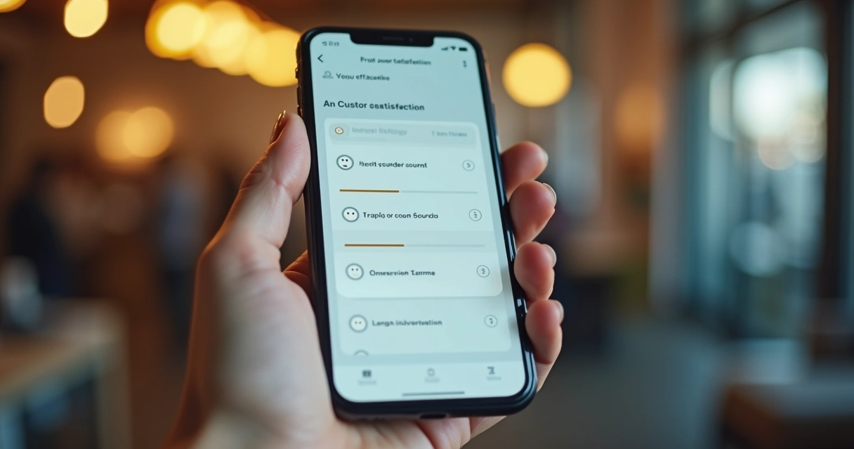 Pessoa preenchendo uma pesquisa rápida em um smartphone, interface moderna e minimalista