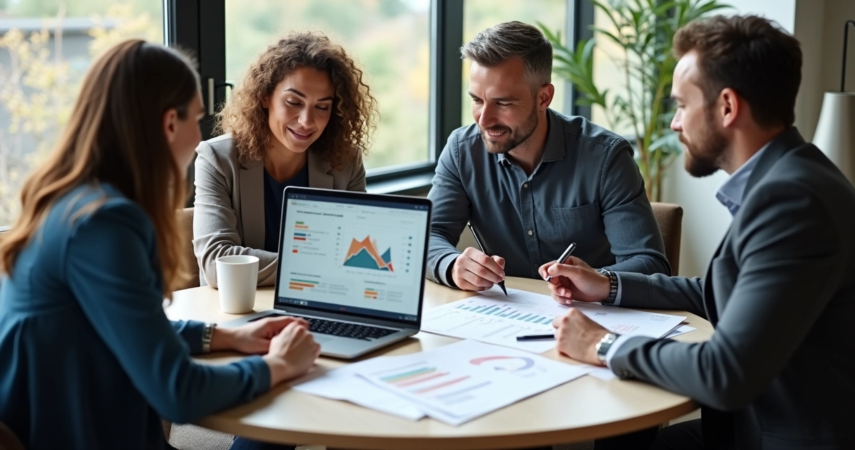 Equipe reunida revisando respostas de pesquisa de satisfação 