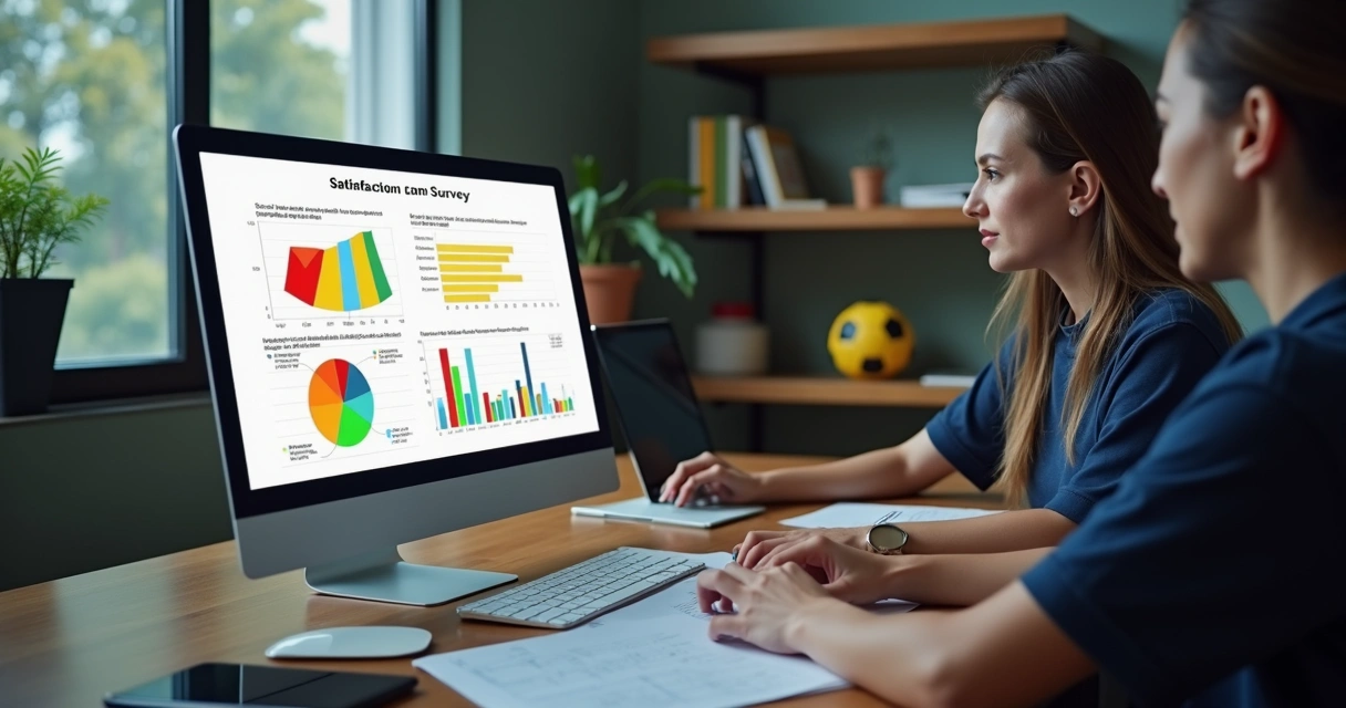 Gestor revisando respostas de pesquisa de satisfação no computador 