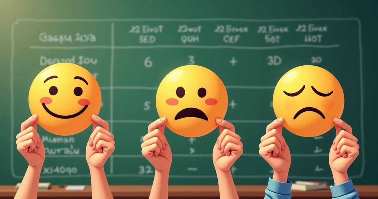 Tabela de satisfação escolar com emojis e mãos de alunos
