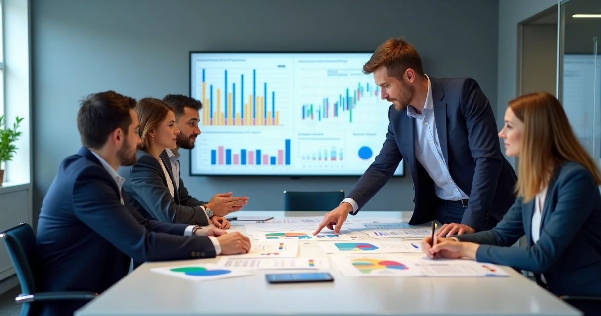 Diretores e consultores analisando gráficos e pesquisas de satisfação de franqueados em sala moderna 