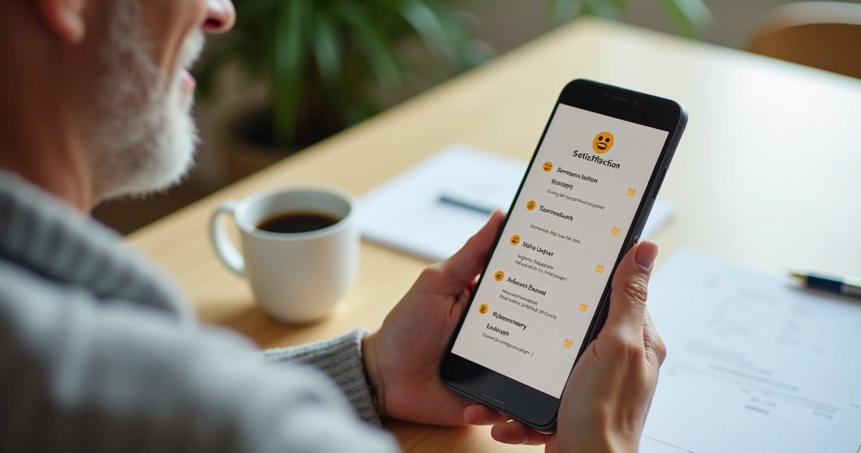 Cliente responde pesquisa de satisfação no celular em mesa de escritório 