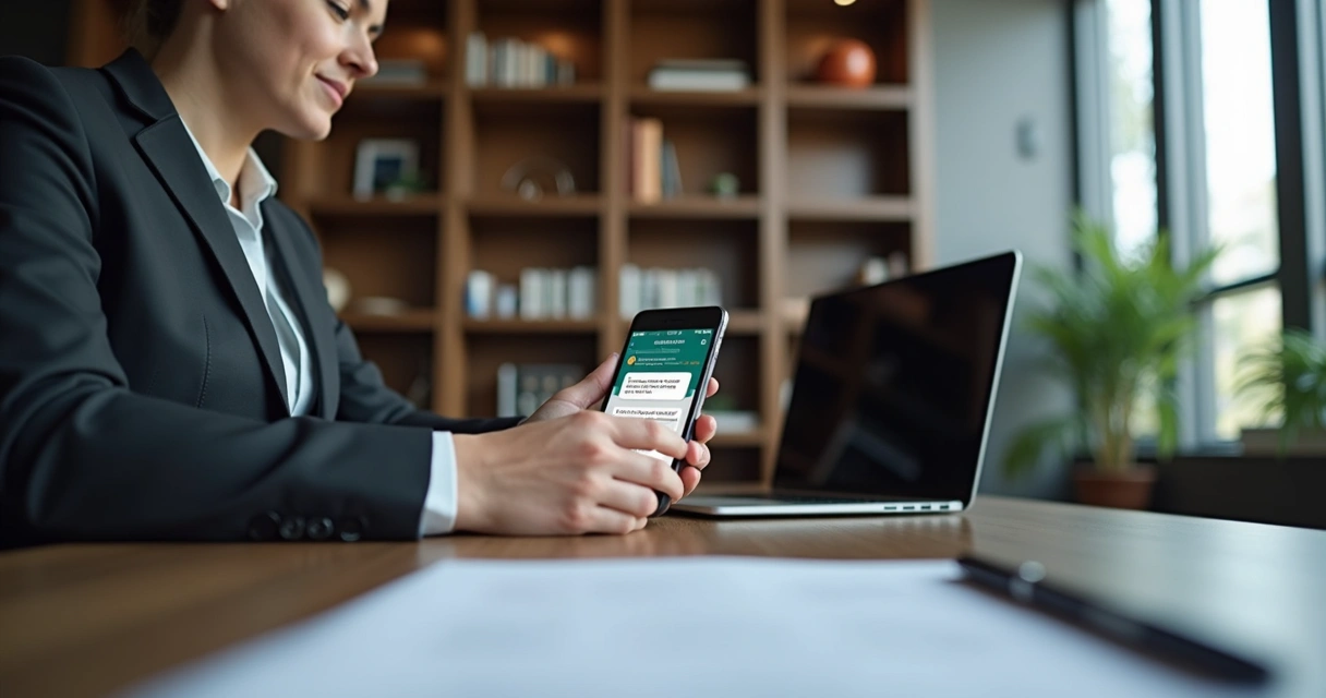 Advogado sentado em escritório moderno utilizando smartphone para enviar pesquisa de satisfação pelo WhatsApp 