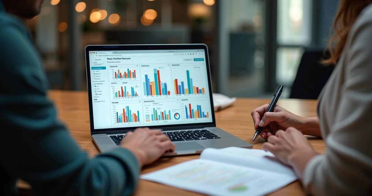 Pessoa analisando segmentos de franquias em gráficos coloridos em mesa de escritório. 