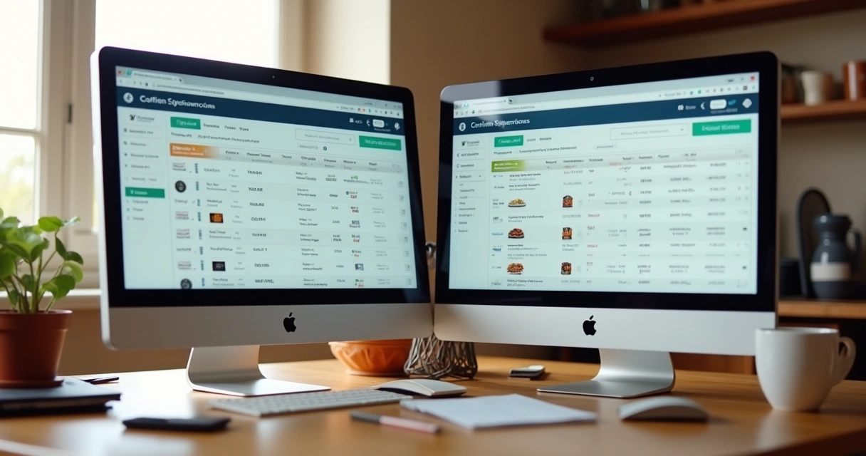 Duas telas de computador mostrando resultados de pesquisa de supermercado, com diferentes preços dispostos em tabelas, ambiente de casa 