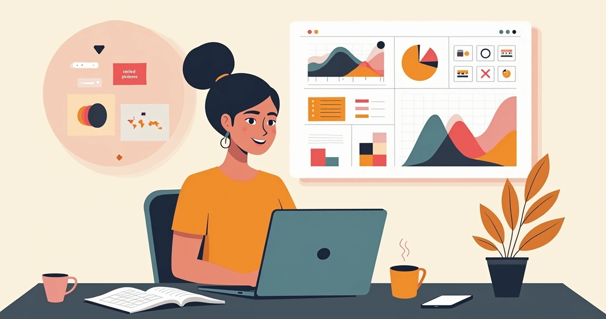 Mulher analisando tendências de design em vários dispositivos digitais na mesa de trabalho 