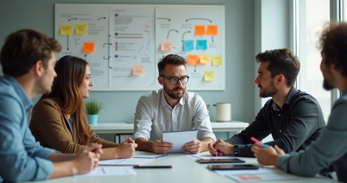 Profissional entrevistando usuário em ambiente de trabalho moderno