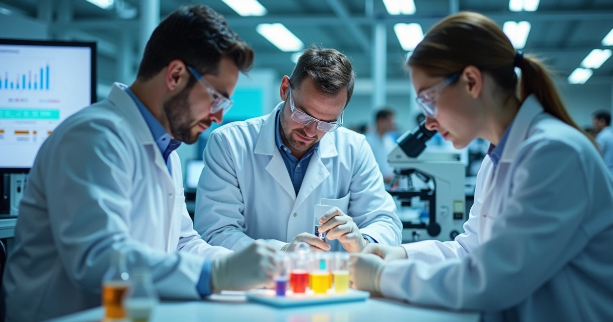 Pesquisadores em laboratório analisando tubos de ensaio