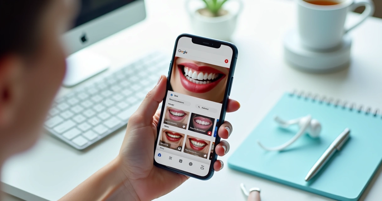 Tela de smartphone mostrando pesquisa visual de sorriso e aparelhos odontológicos 