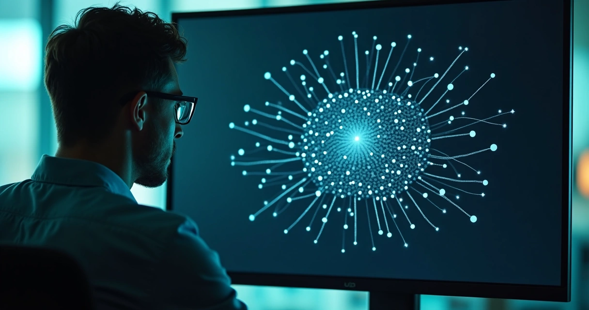 Pessoa analisando gráfico de rede neural artificial em tela escura com pontos de conexão claros