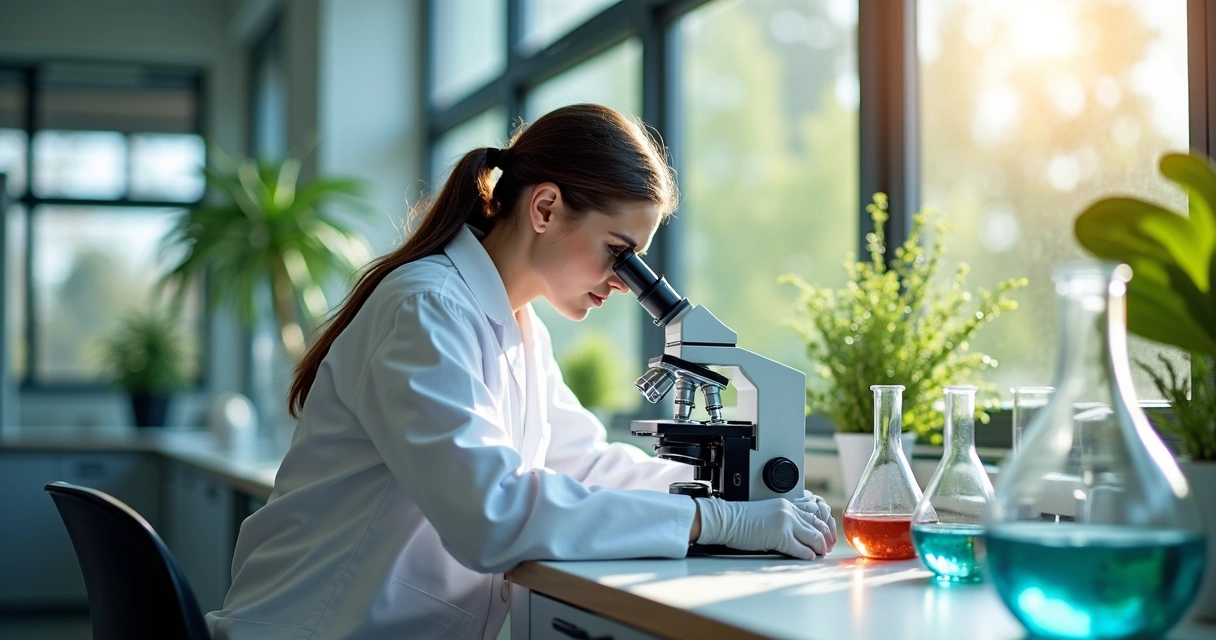 Pesquisador usando microscópio em laboratório moderno 