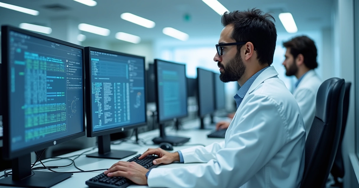 Pesquisador analisando exames em laboratório de oncologia 