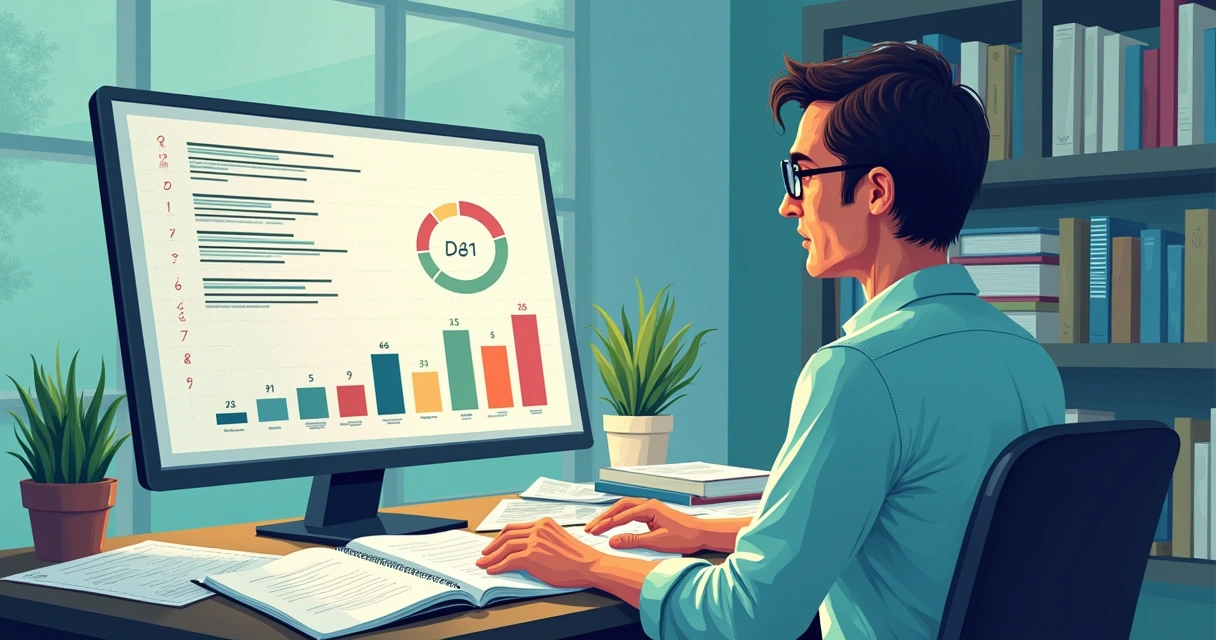Pesquisador em mesa realizando uma pesquisa quantitativa com computador e questionários, com gráficos ao redor.