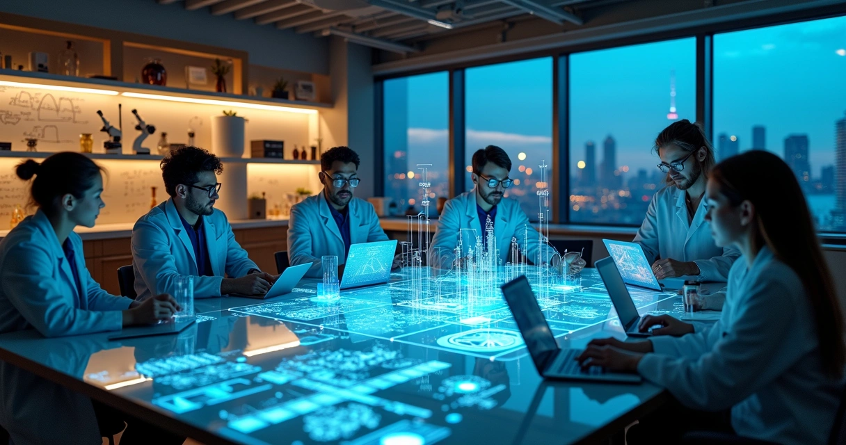 Grupo diverso de pesquisadores em laboratório moderno analisando dados digitais e equipamentos científicos 
