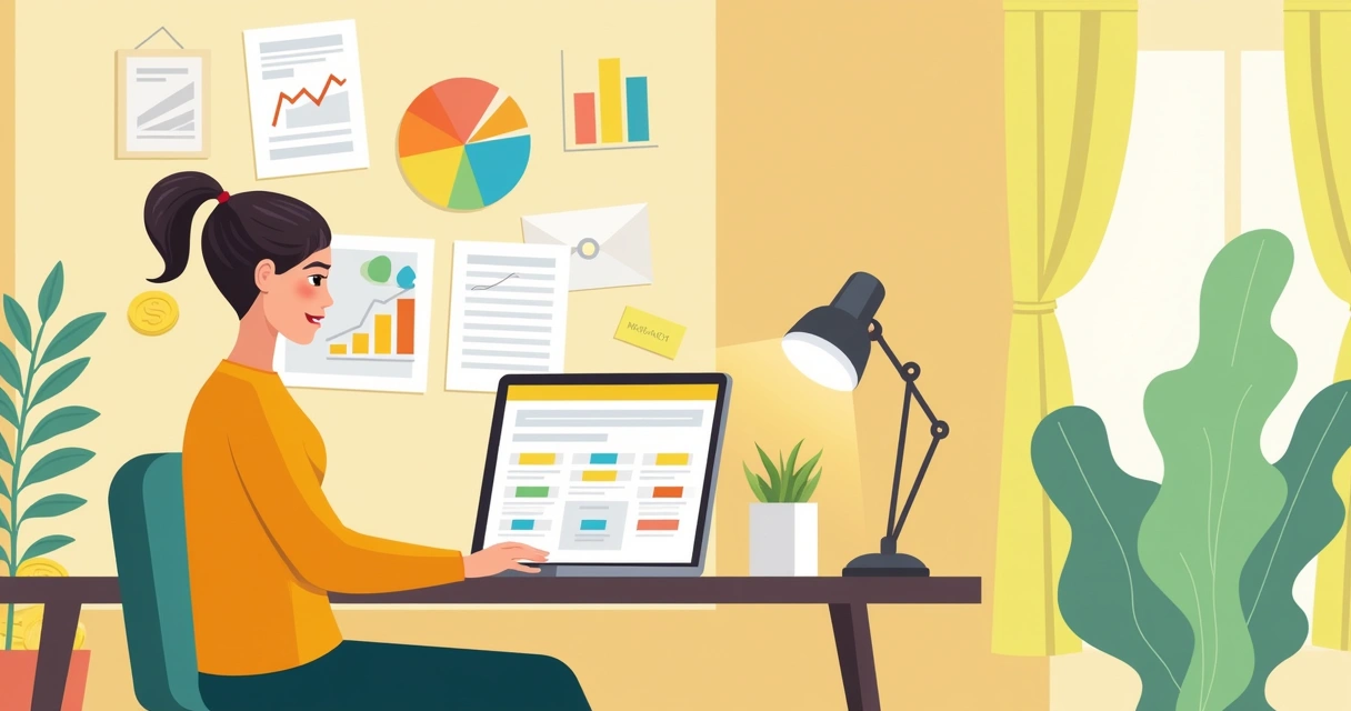 Ilustração de uma pessoa preenchendo uma pesquisa remunerada em um escritório caseiro aconchegante.