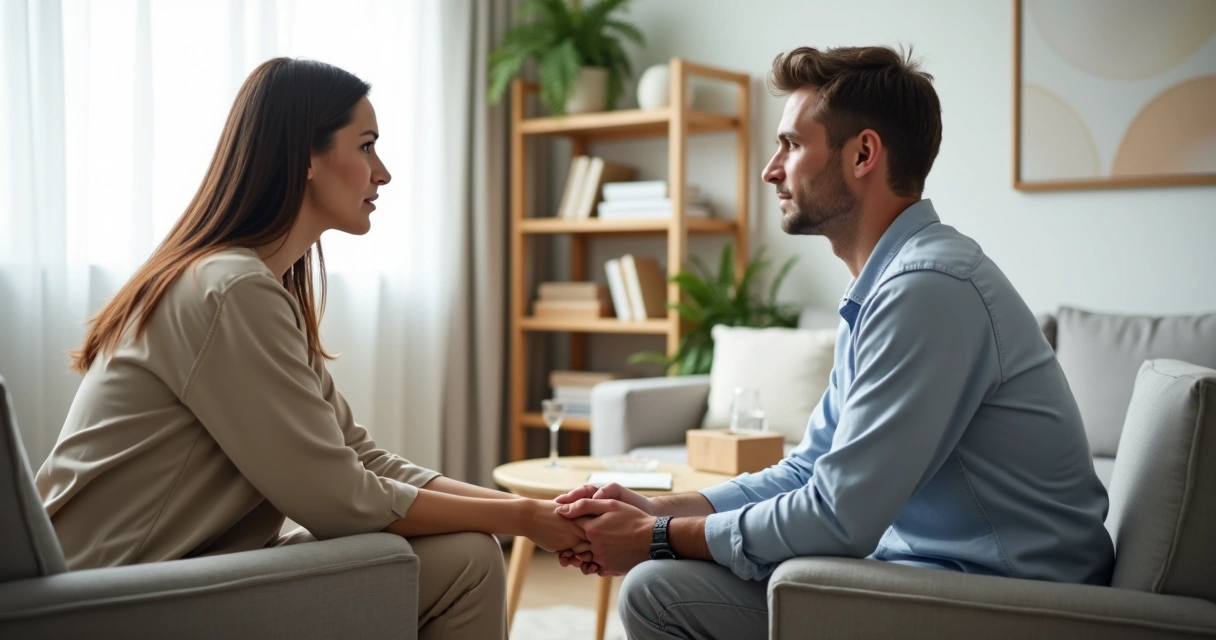 Pessoa sentada recebendo apoio acolhedor de outra em ambiente calmo 
