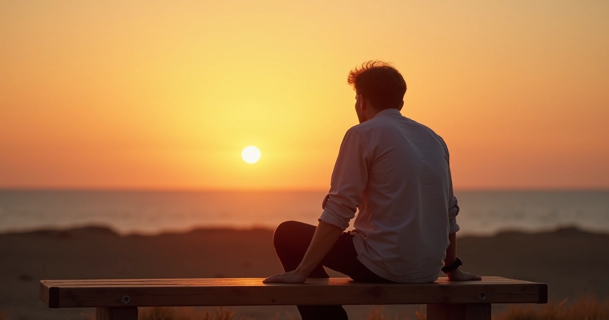 Pessoa sentada olhando para o horizonte refletindo no pôr do sol 