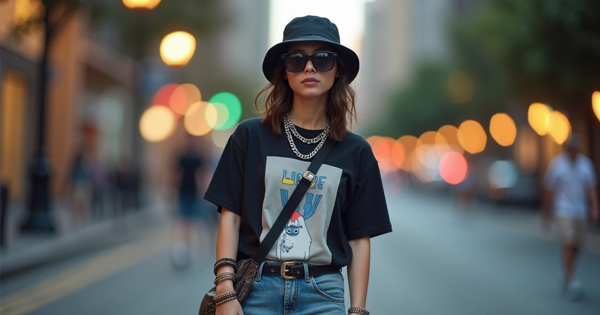 Pessoa com acessórios urbanos estilosos em ambiente urbano 