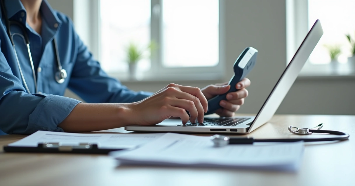 Pessoa usando telefone ao lado de papéis e notebook 