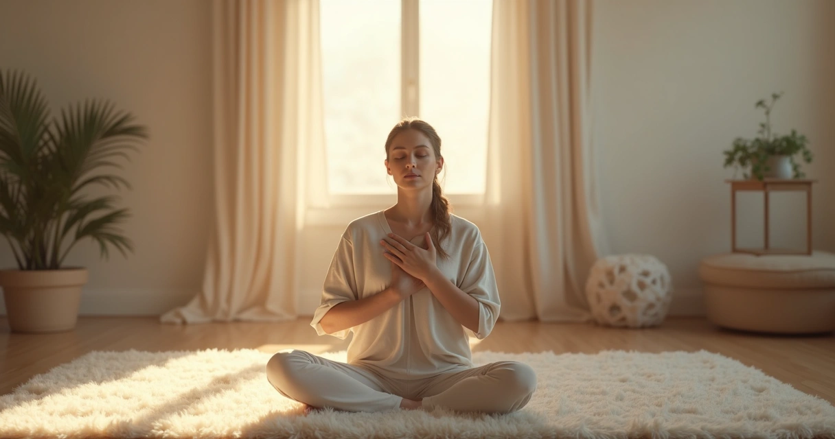 Pessoa sentada em um ambiente tranquilo, com a mão sobre o peito, em atitude de autoacolhimento. 