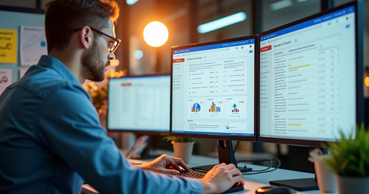 Gestor otimizando campanhas em computador, gráficos e anúncios.