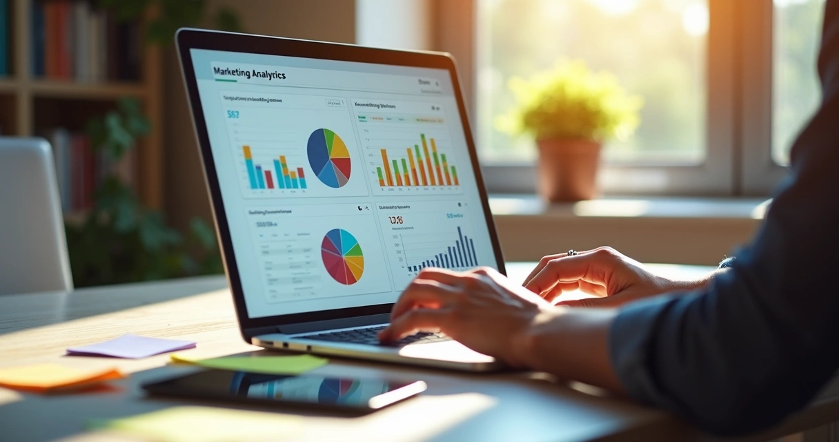 Pessoa analisando relatório digital com gráficos coloridos 