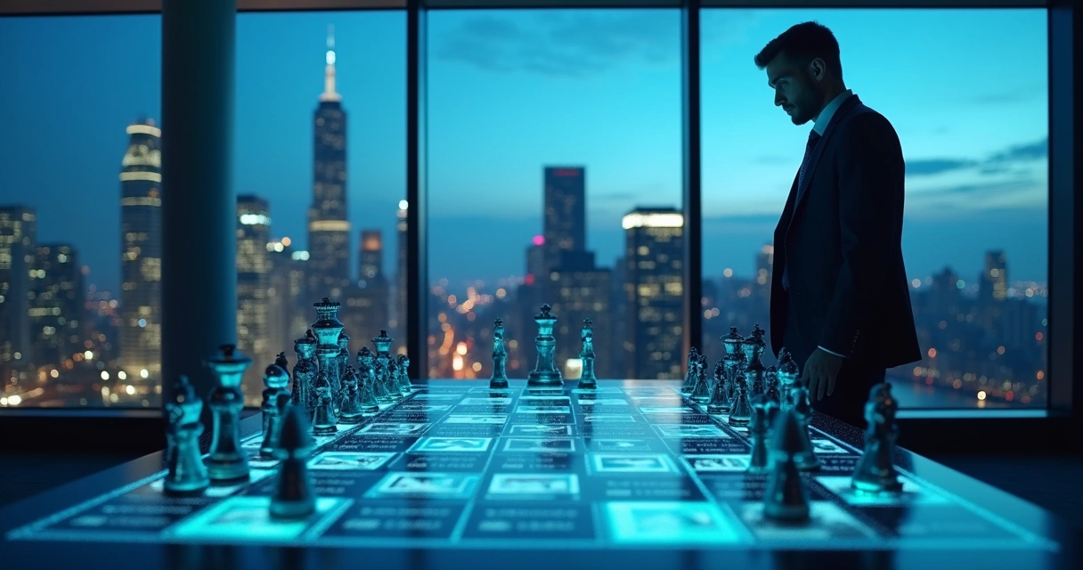 Pessoa observando tabuleiro de xadrez com peças robóticas 