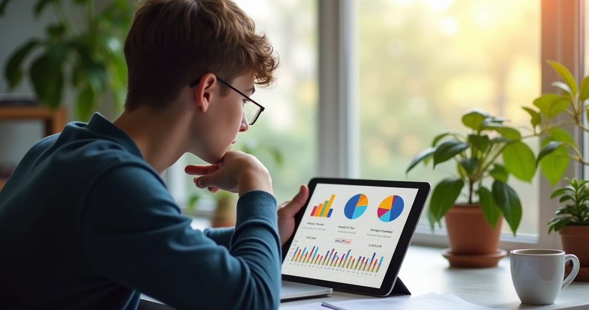 Pessoa analisando relatórios de tempo de tela em tablet 