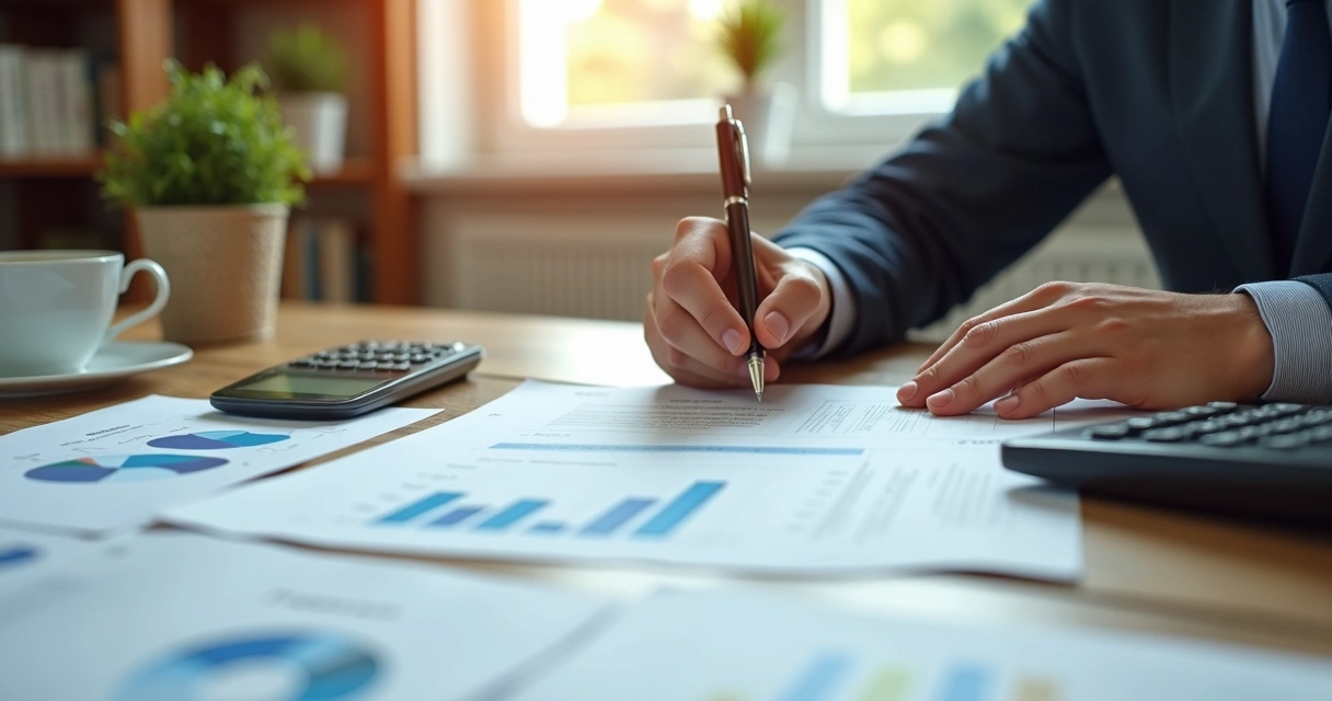 Pessoa revisando contrato de empréstimo bancário com calculadora e anotações à mesa 