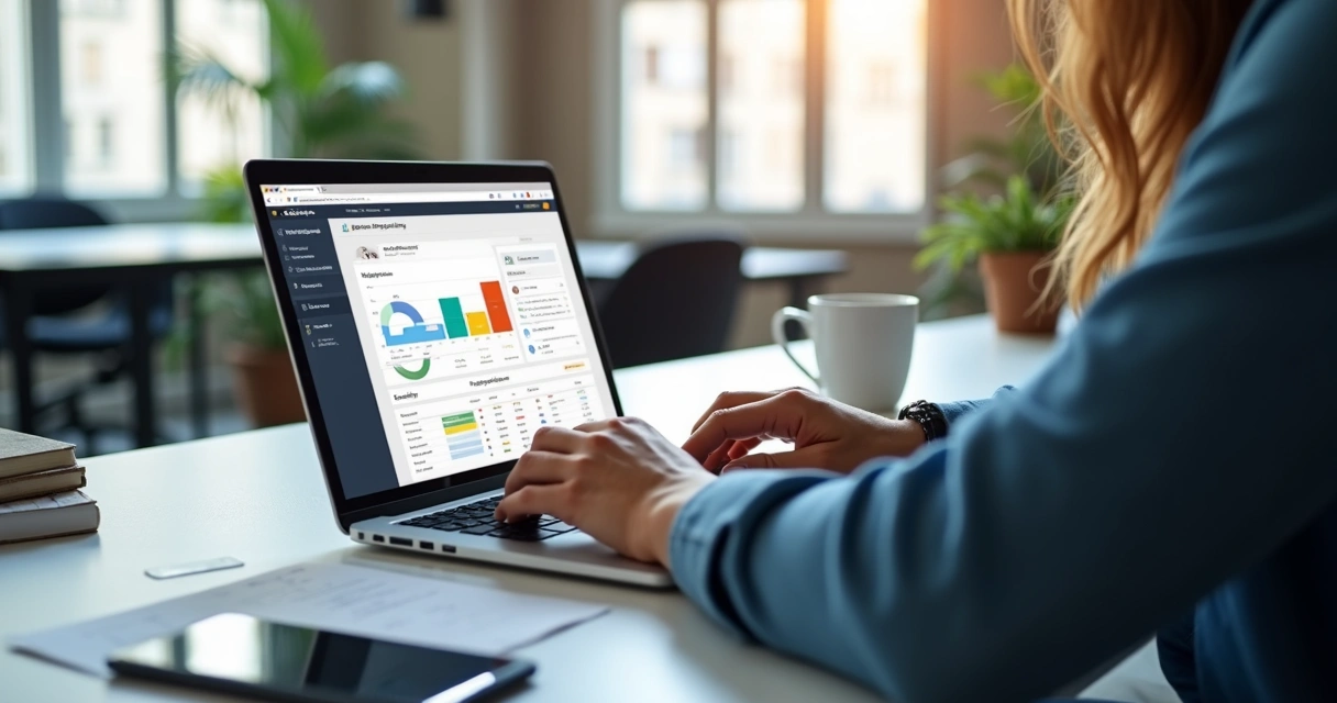 Profissional de marketing digital analisando dados de campanha Google Ads no notebook 