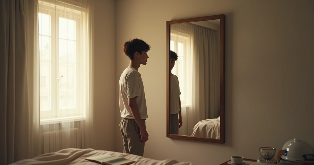 Pessoa observando o próprio reflexo no espelho, aparentando reflexão