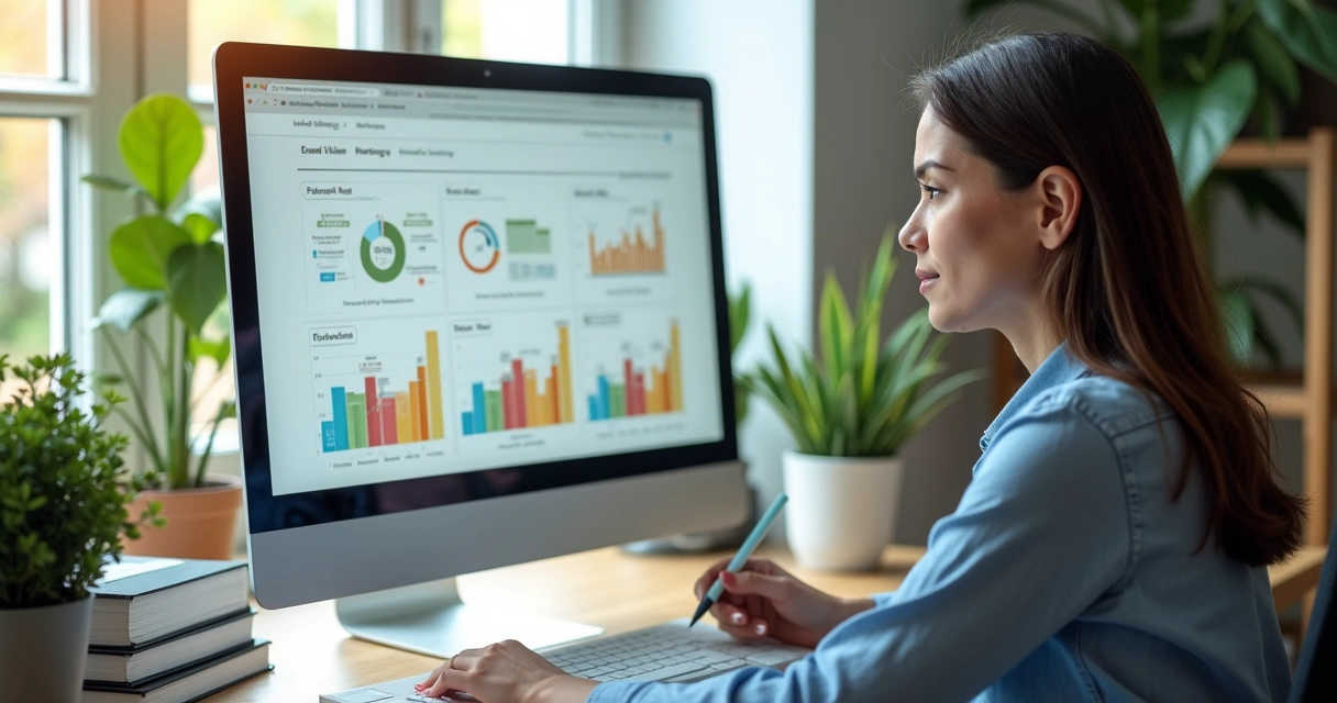 Mulher analisando gráfico de funil de e-mail em tela de computador 