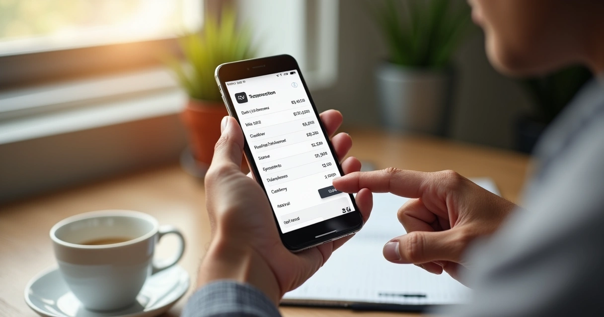 Pessoa analisando extrato bancário no celular com expressão de atenção 