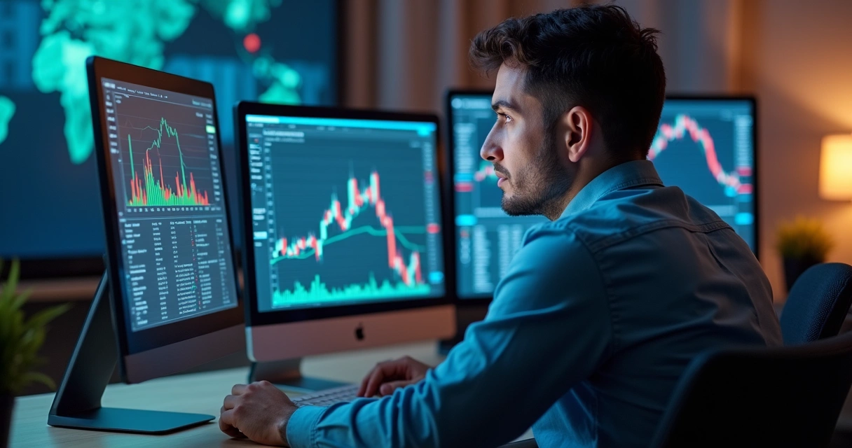 Pessoa analisando gráficos e previsões em tela de computador. 
