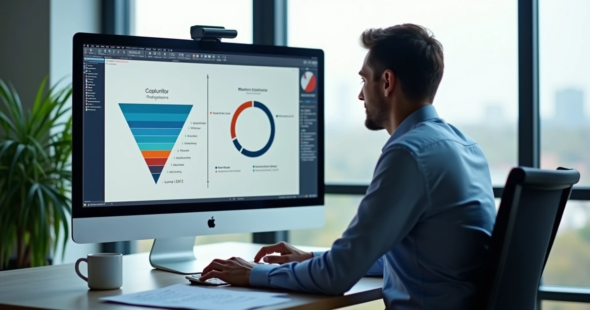 Pessoa analisando informações em tela dividida por etapas do funil