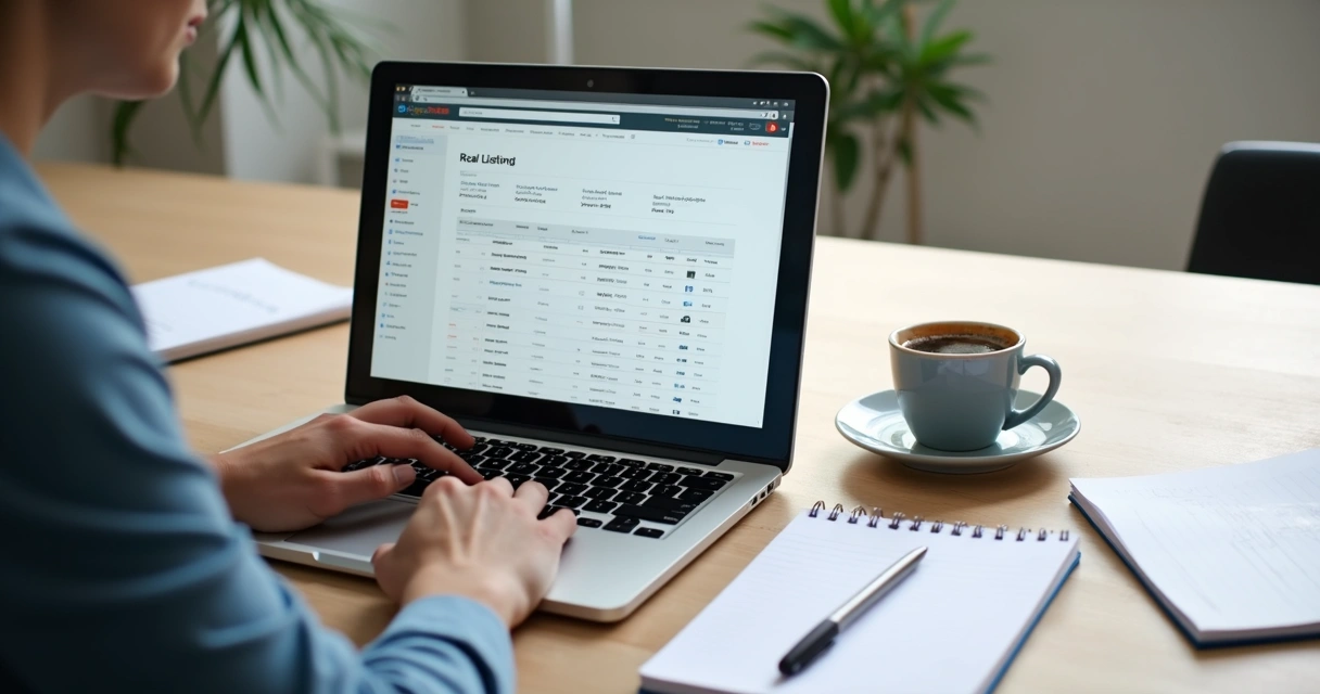 Pessoa analisando editais de leilão no computador