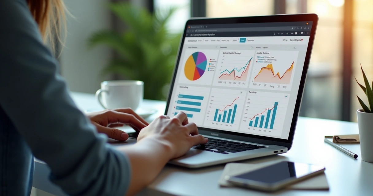 Pessoa analisando métricas de anúncios pagos em um notebook moderno. 