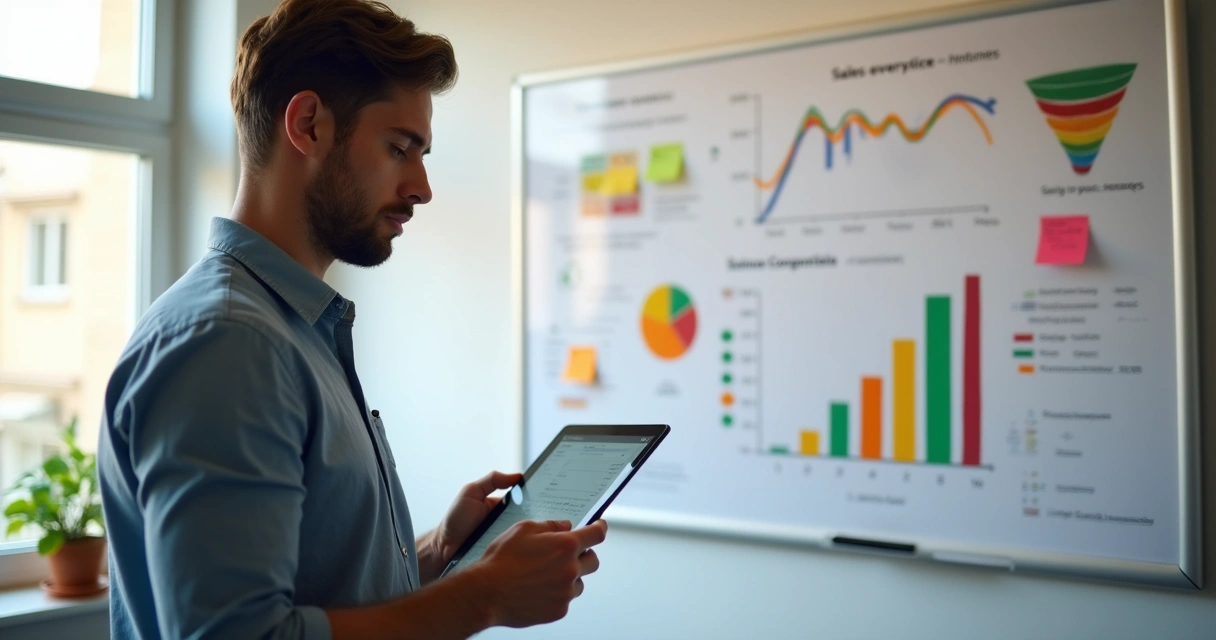 Empresário com tablet checando gráficos de vendas de sua loja online 