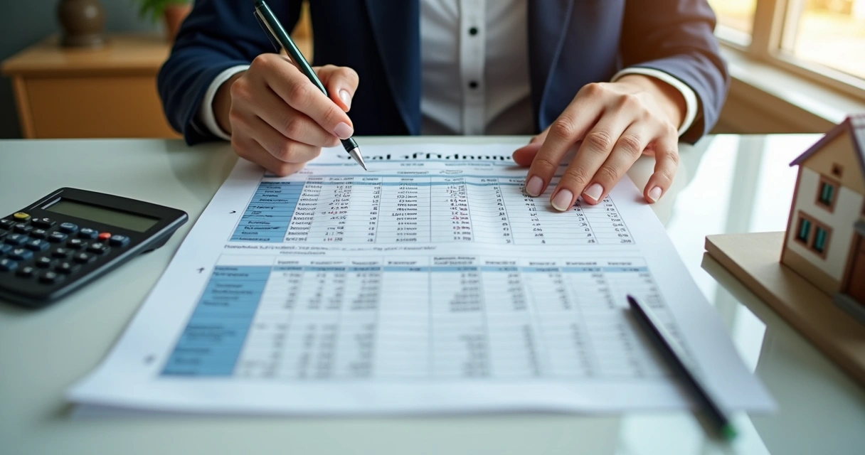 Pessoa analisando planilha e calculadora durante simulação de financiamento imobiliário 