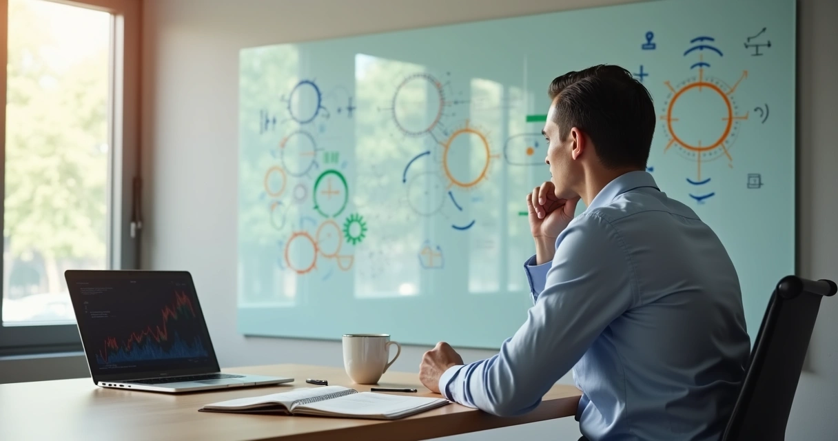 Pessoa olhando um quadro com ciclos e setas analisando decisões 