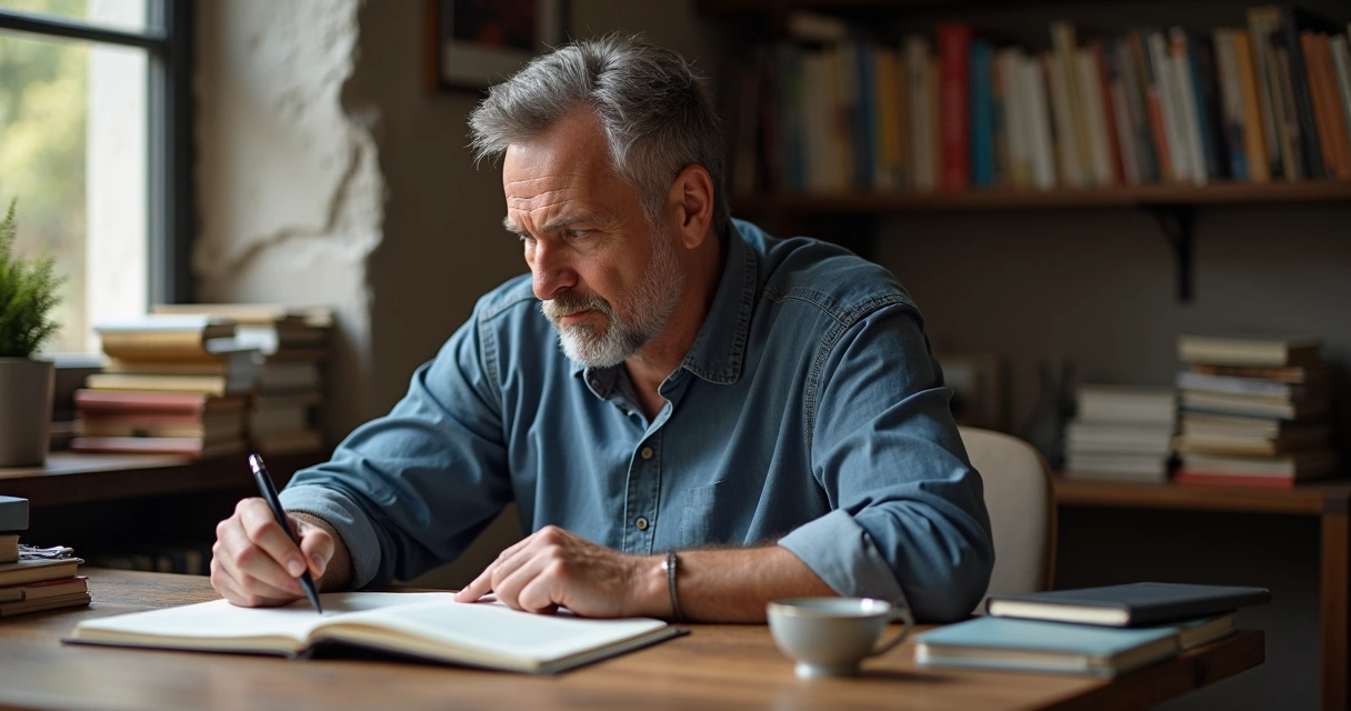 Homem sentado analisando anotações em um caderno