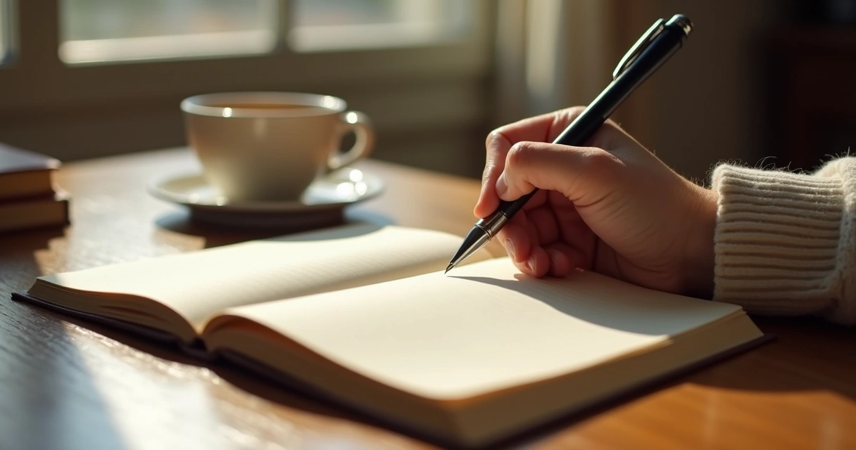 Pessoa escrevendo em diário com caneta, caderno aberto sobre mesa 