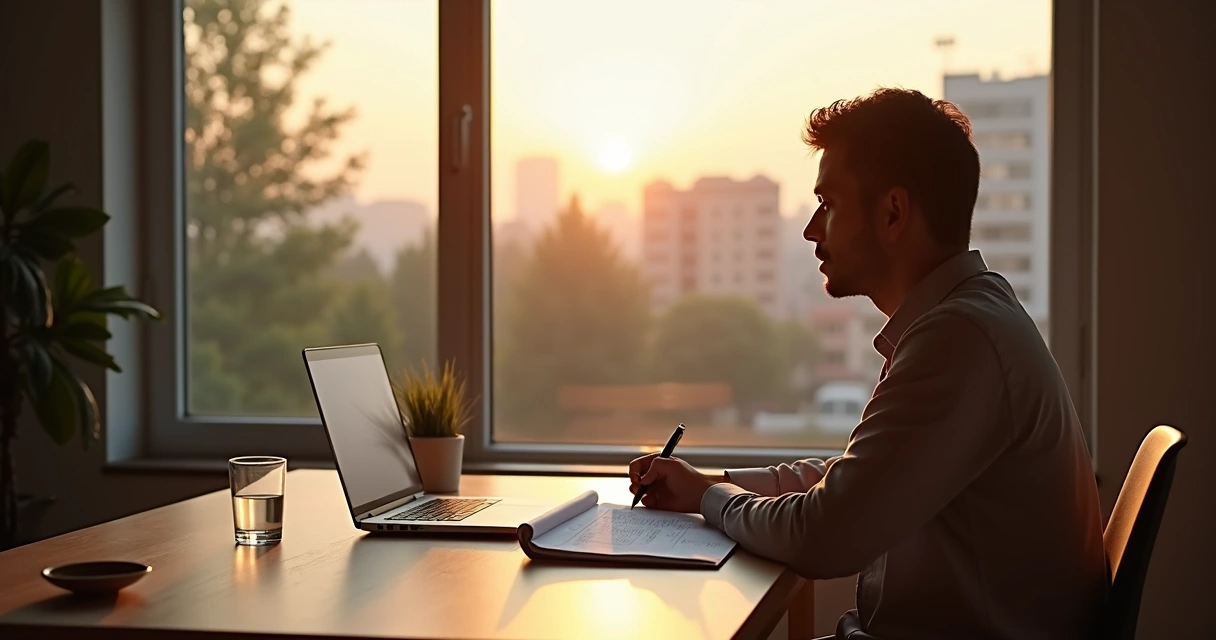 Pessoa sentada à mesa escrevendo metas em caderno com expressão de foco 