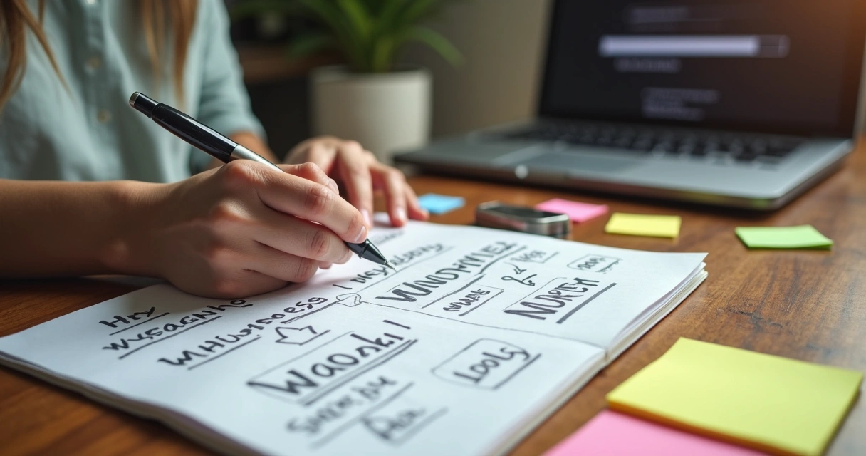 Pessoa escrevendo ideias de nomes em bloco de notas