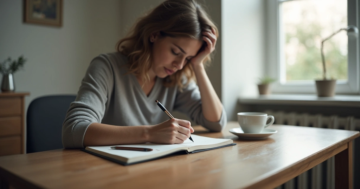 Pessoa escrevendo pensamentos em um caderno 
