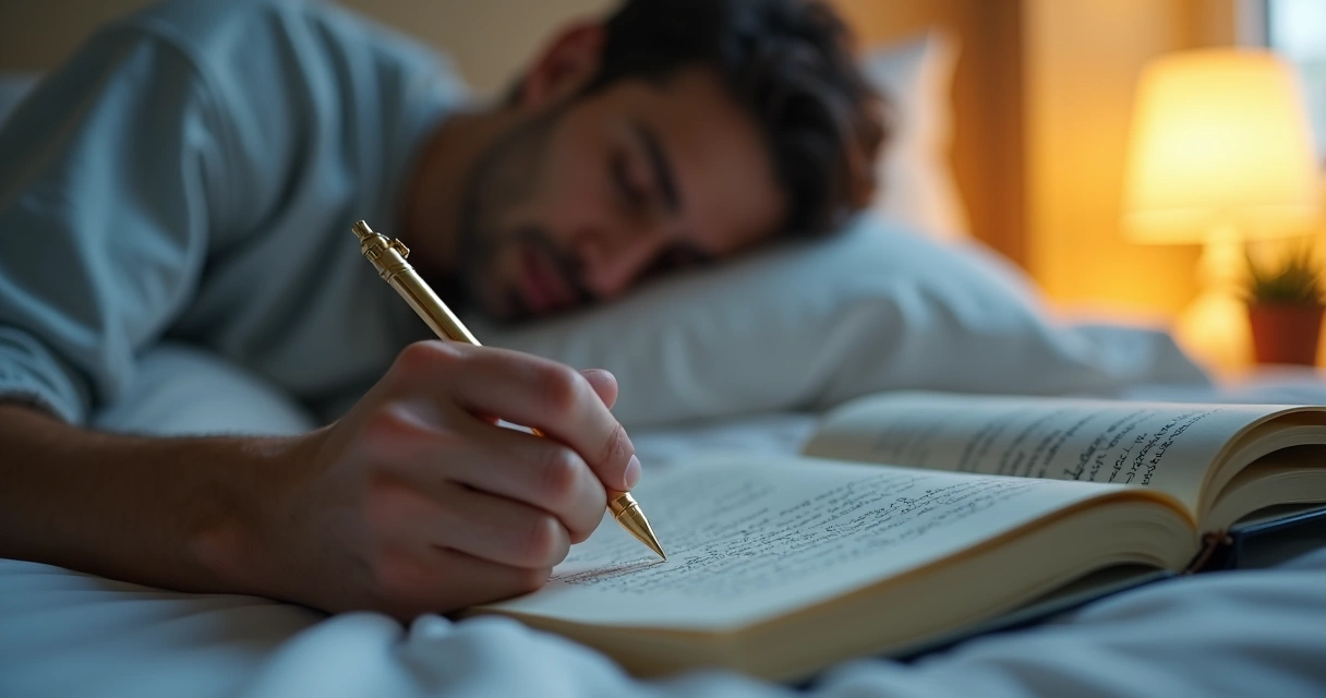Pessoa deitada na cama escrevendo sonho em caderno na mesa de cabeceira