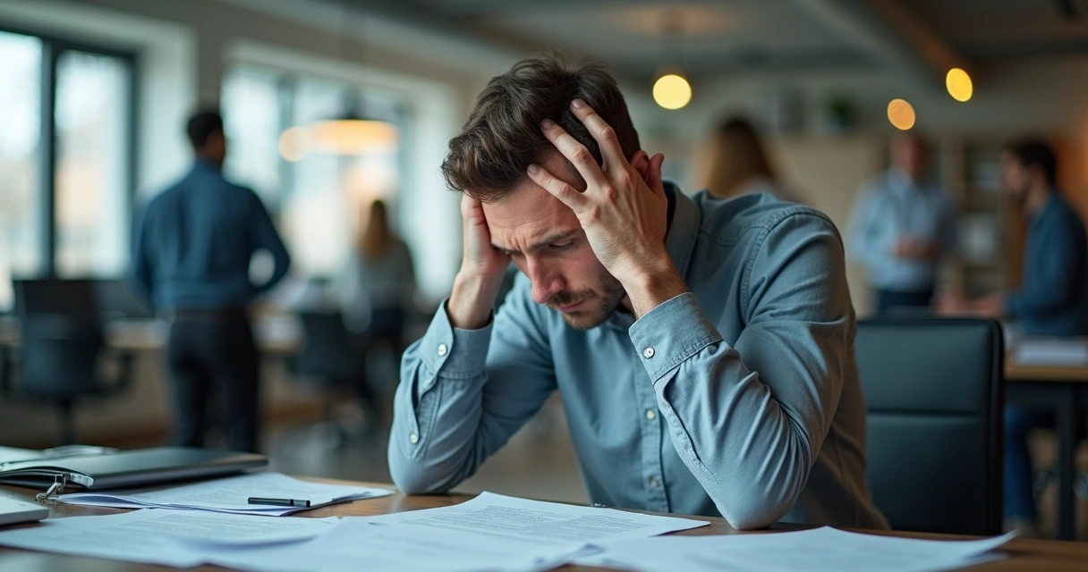 Pessoa sentada em uma mesa, olhando para papéis, demonstrando preocupação 