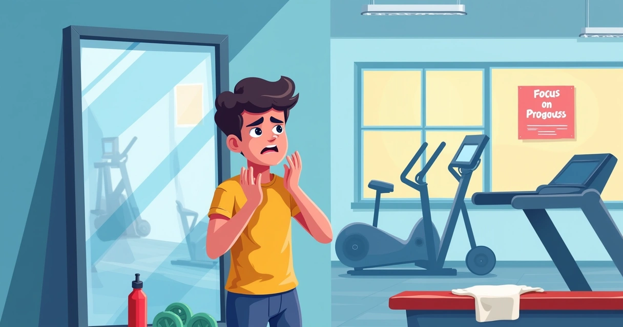 Pessoa ansiosa em uma academia, respirando fundo antes do treino com espelho ao fundo.