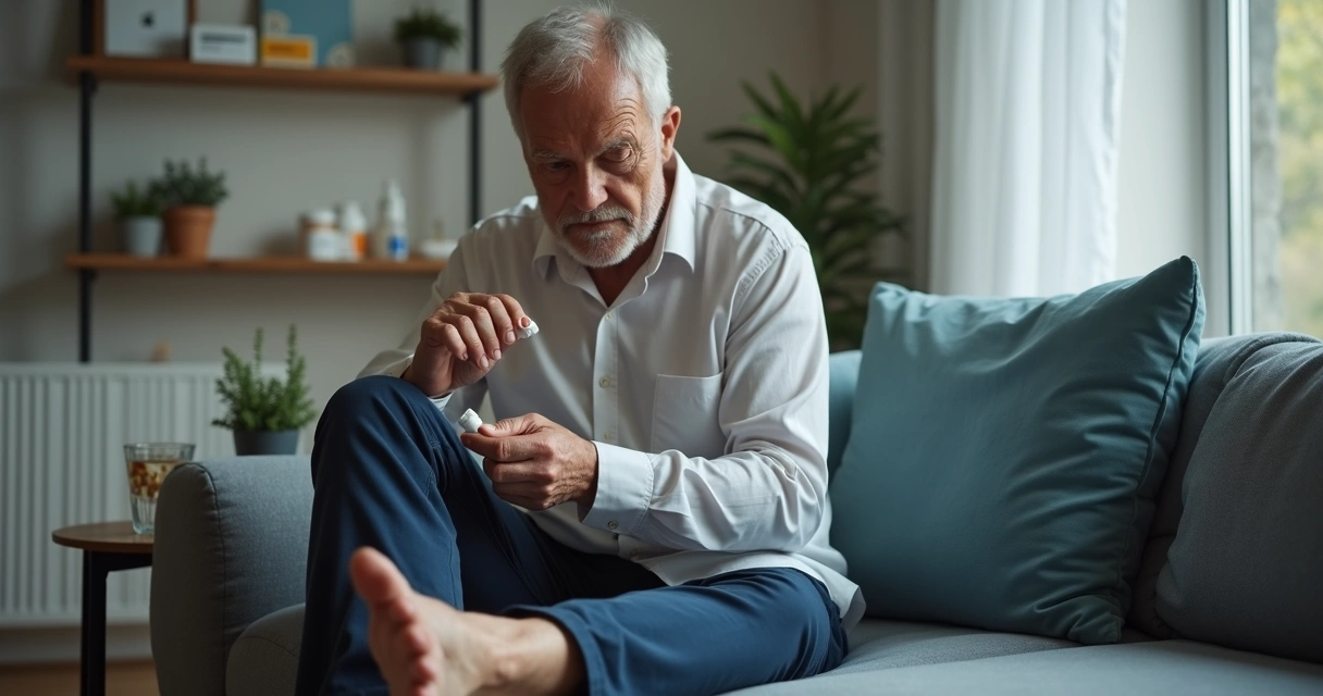 Homem sentando aplicando pomada na perna dolorida 