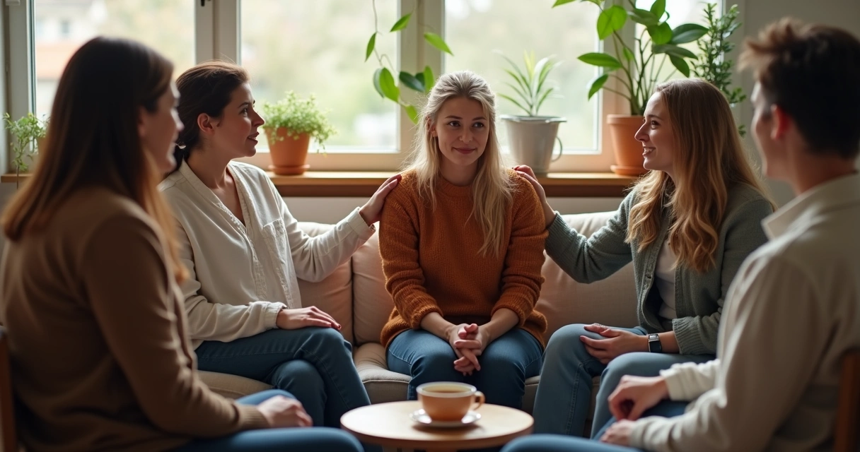Pessoas sentadas em roda, apoiando uma pessoa no centro 